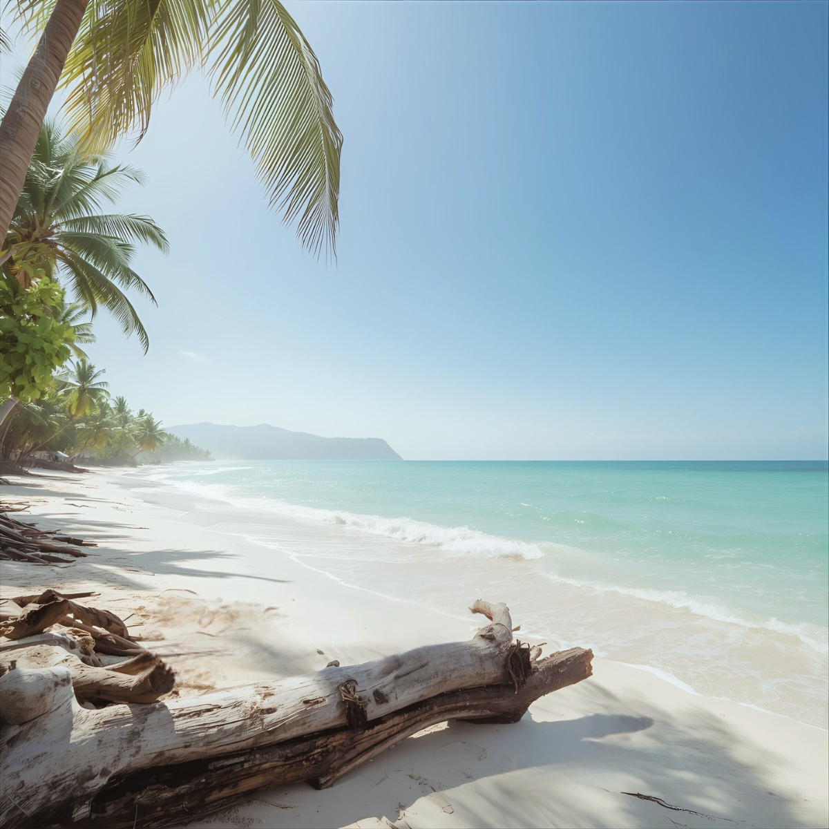 Peaceful tropical beach scene with driftwood and calm waves representing the three-phase spiritual emergency response method - professional RN guidance for crisis stabilization and recovery