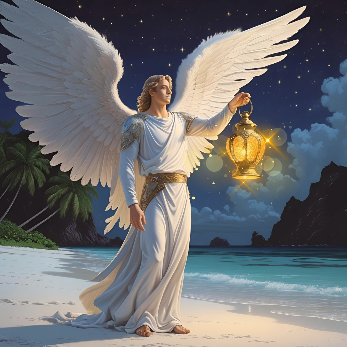 Archangel Uriel holding divine lantern on tropical beach at night - spiritual guidance for Dark Night of the Soul