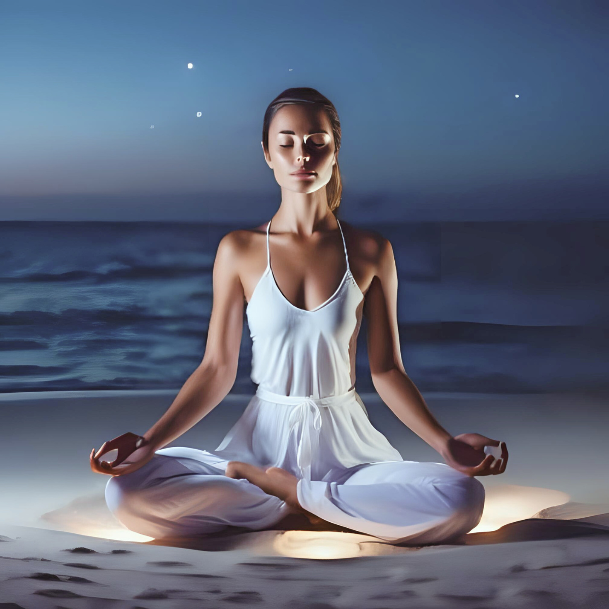 Woman in white meditation outfit sitting in lotus pose with mudra hands on beach at twilight under starlit sky with moon and ocean waves - shadow season spiritual growth and transformation support