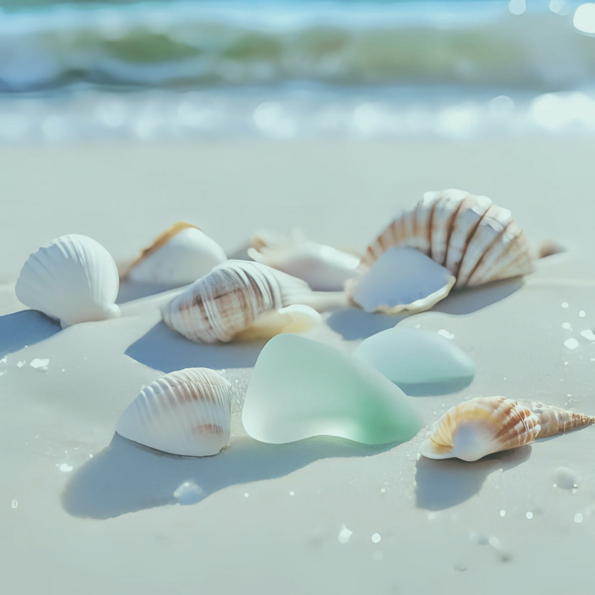 Peaceful seashells and sea glass on tropical beach representing complete understanding of financial crisis spiritual emergency meaning - professional spiritual solutions