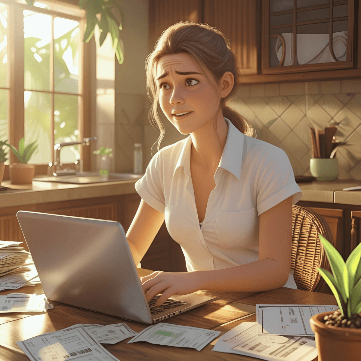 Young woman in white shirt looking thoughtfully at laptop computer surrounded by bills and paperwork on wooden kitchen table with morning sunlight and plants - spiritual support for adulting challenges and feeling stuck