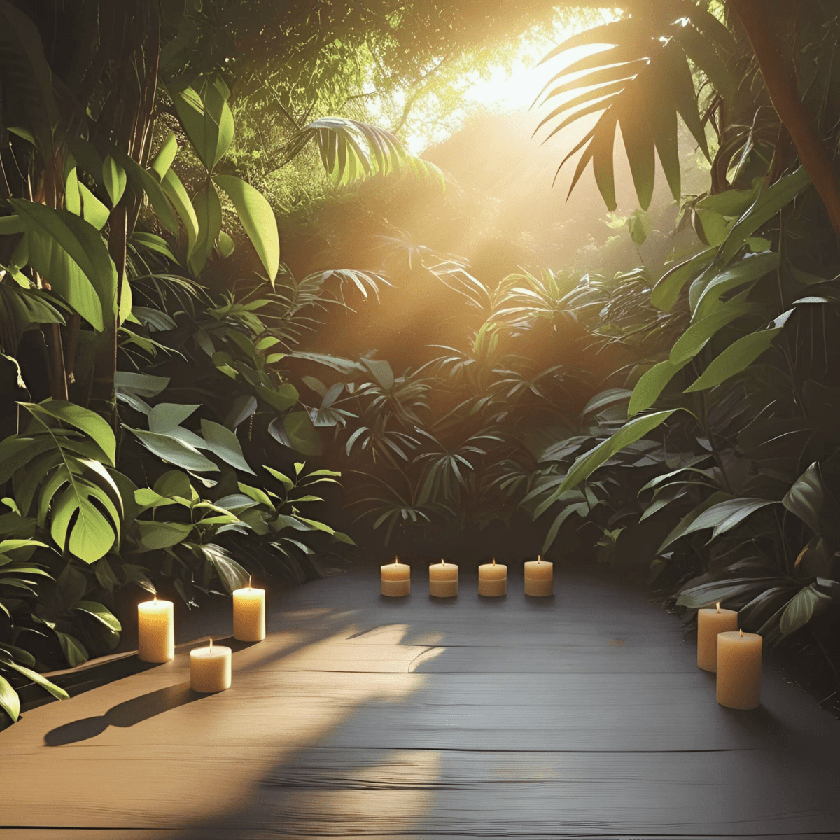 Sacred meditation space with golden candles arranged on wooden floor surrounded by lush tropical plants and warm golden sunlight filtering through jungle foliage - existential crisis spiritual first aid and life meaning sanctuary