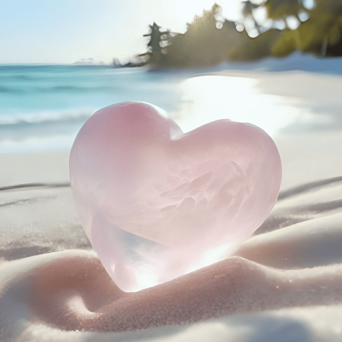 Pink rose quartz heart crystal held in gentle hands on pristine tropical beach with soft sunlight and turquoise ocean waves - spiritual first aid for betrayal and emergency heart healing