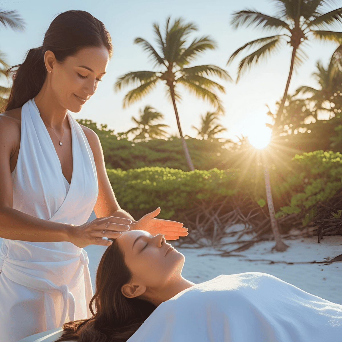 Registered nurse in white uniform providing gentle healing touch therapy to peaceful patient on tropical beach at golden hour with palm trees - spiritual emergency response and holistic nursing care