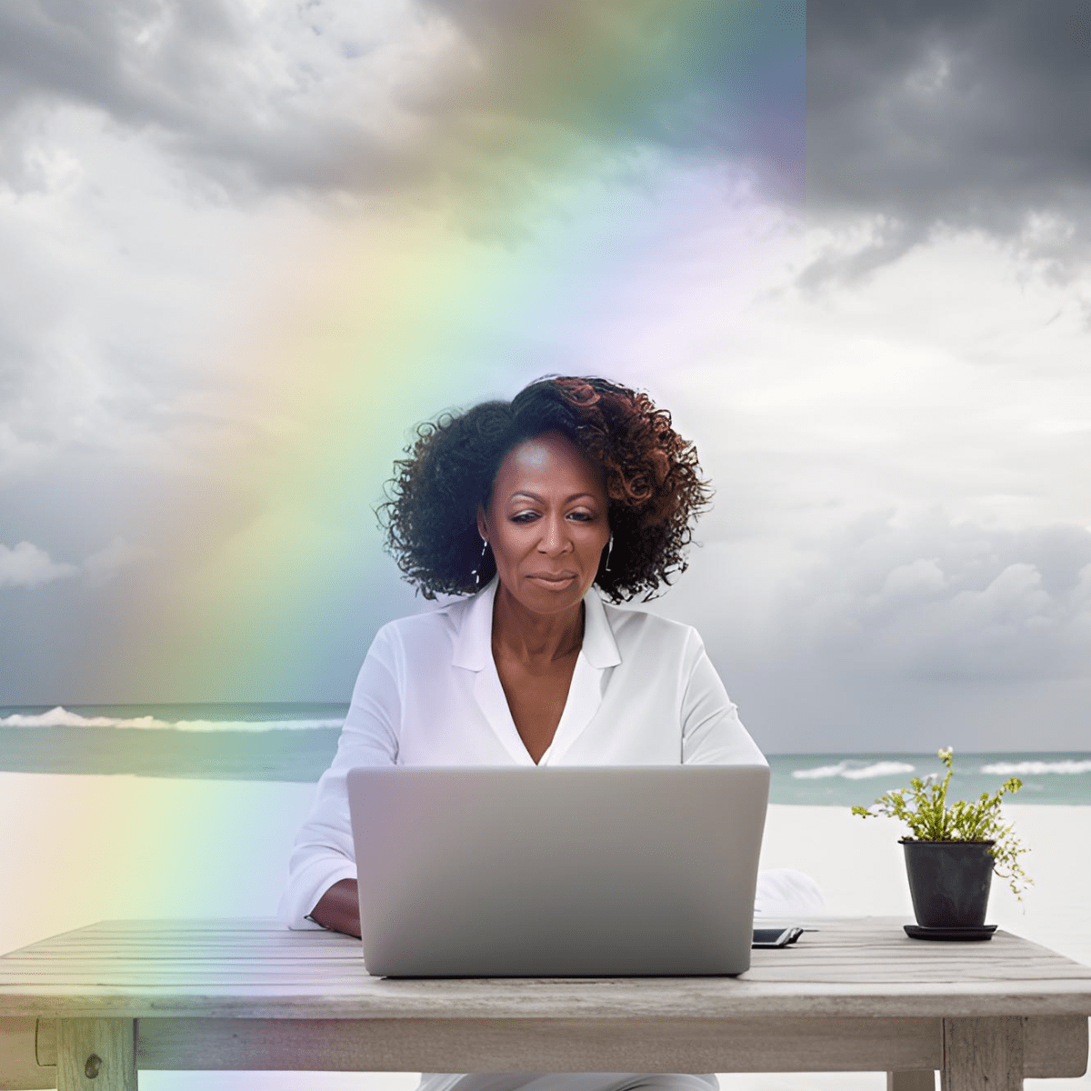 Woman at laptop on tropical beach representing job stress spiritual emergency and workplace energy depletion