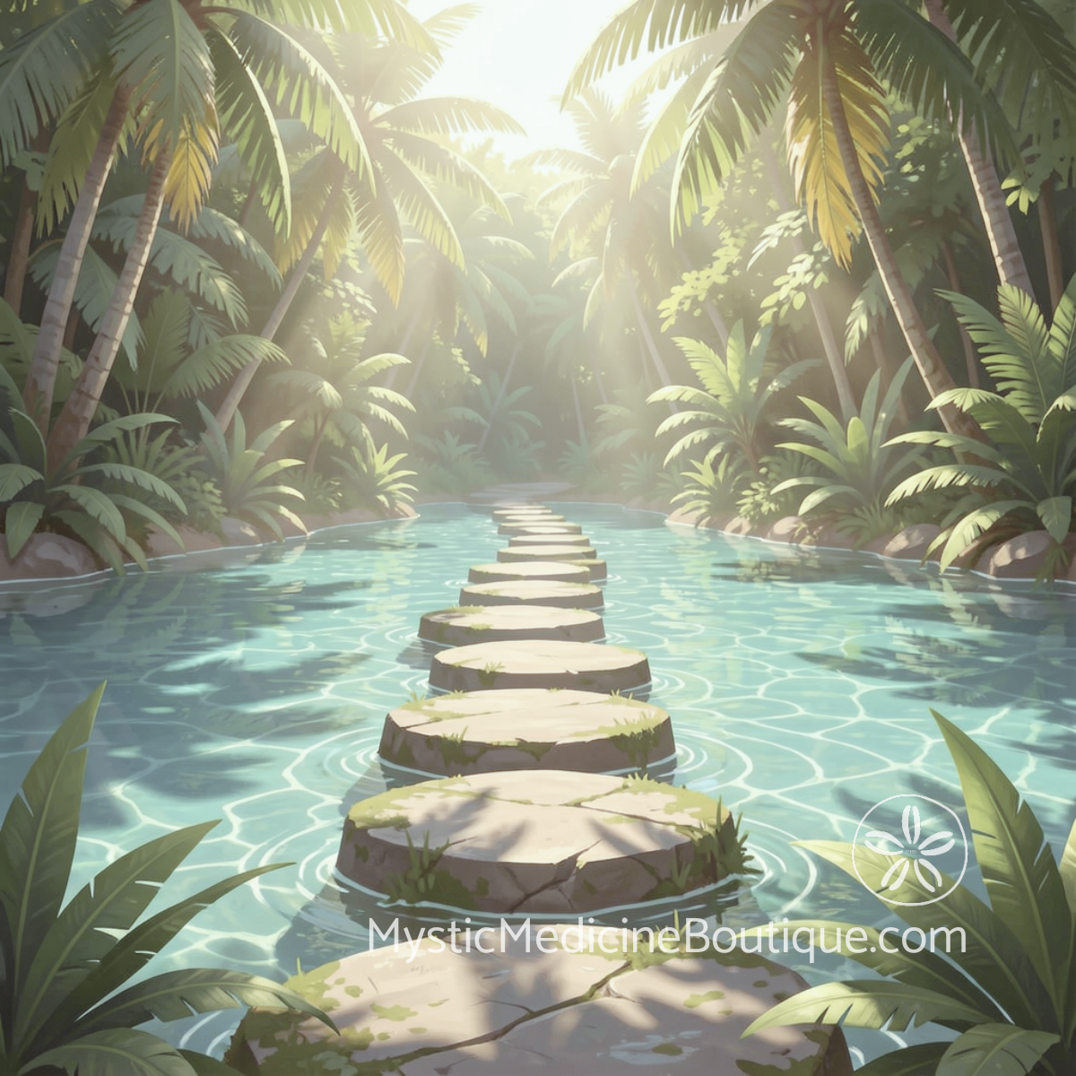 Stepping stones crossing a sunlit tropical waterway representing Archangel Gabriel guidance restoring intuition during spiritual emergency