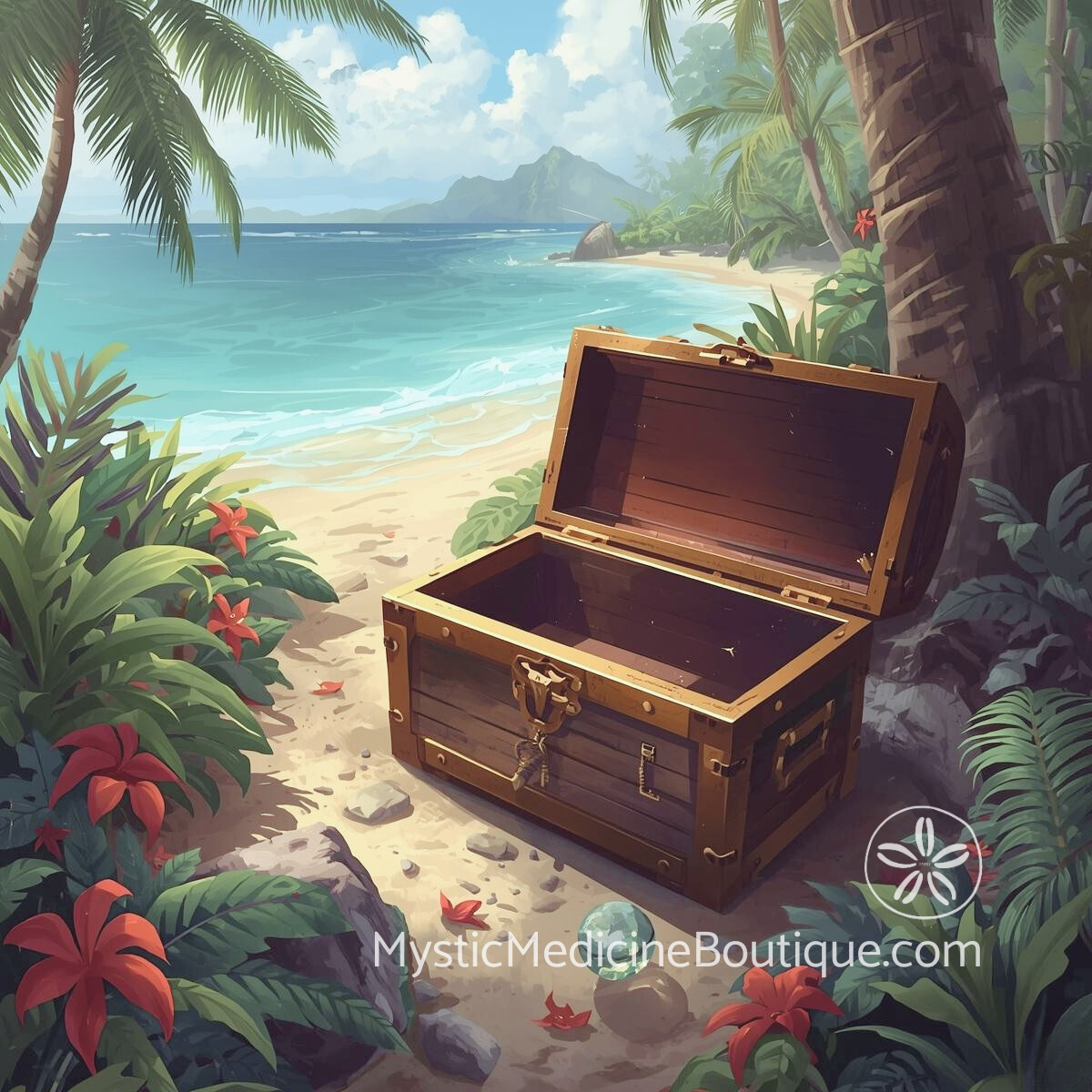 Financial betrayal spiritual emergency — an open treasure chest on a tropical beach, representing the spiritual wound of having financial safety deliberately destroyed