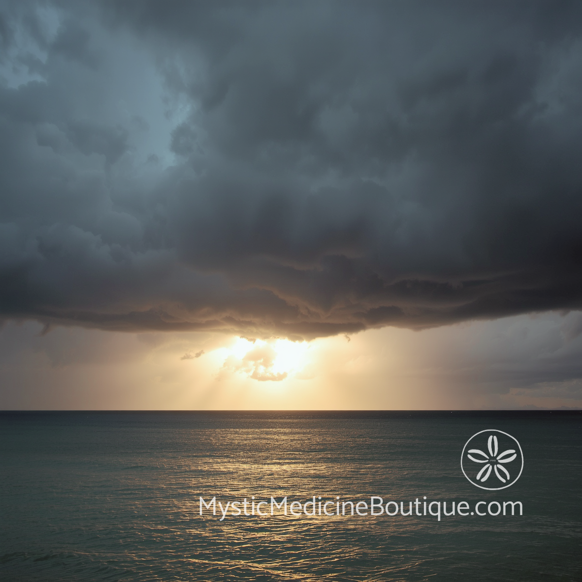 Storm clouds breaking with light rays over calm ocean representing career devastation spiritual emergency and rebuilding after professional collapse