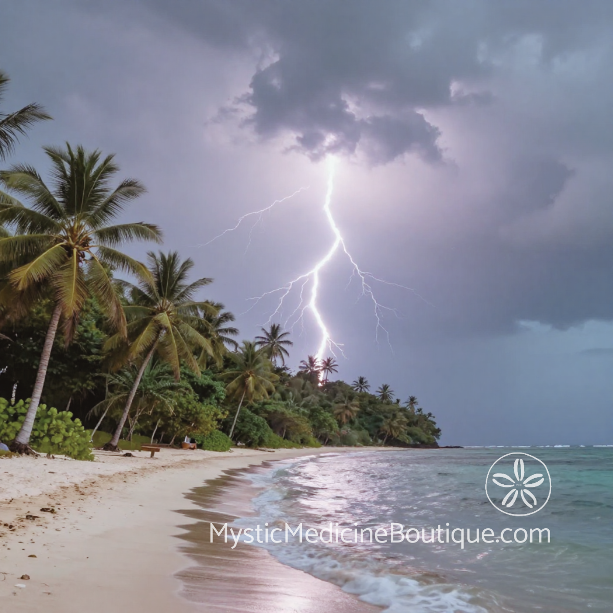 Lightning strike over tropical palm beach — imagery for chakra opening too fast and the overwhelming destabilization of rapid spiritual awakening