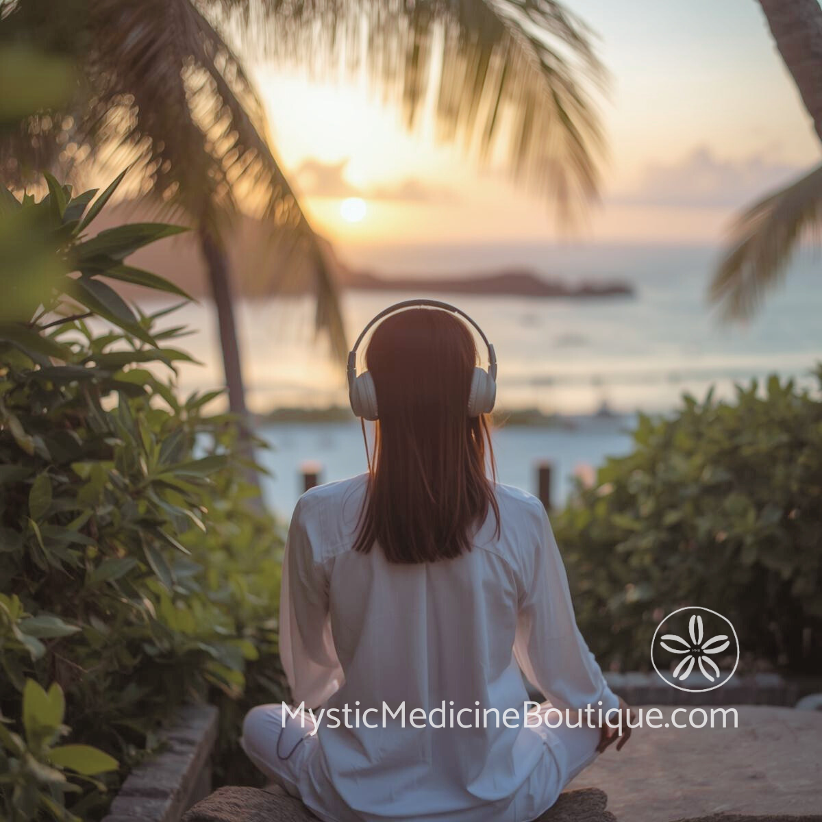 Woman with headphones facing tropical ocean at sunset representing emotionally resonant guided healing meditations for overwhelming life experiences