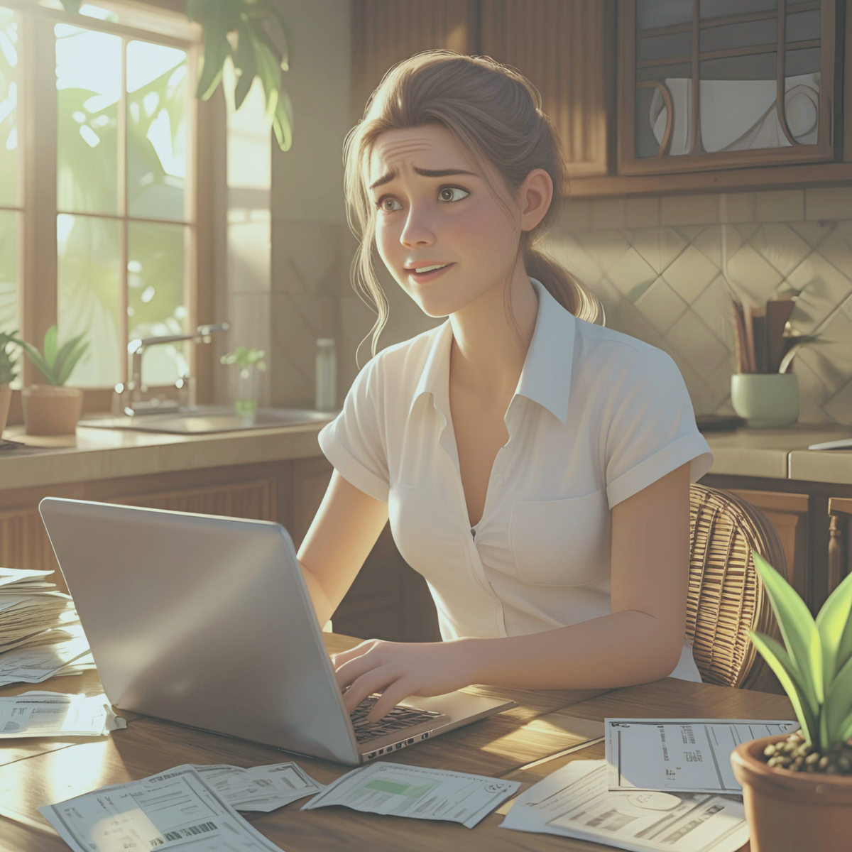 Young woman learning to adult with spiritual support - managing overwhelm with laptop and paperwork at home
