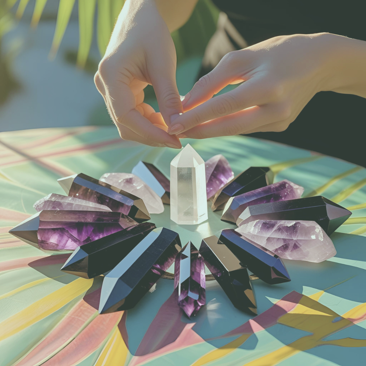 Spiritual boundaries definition with protective crystals - hands creating energetic protection circle