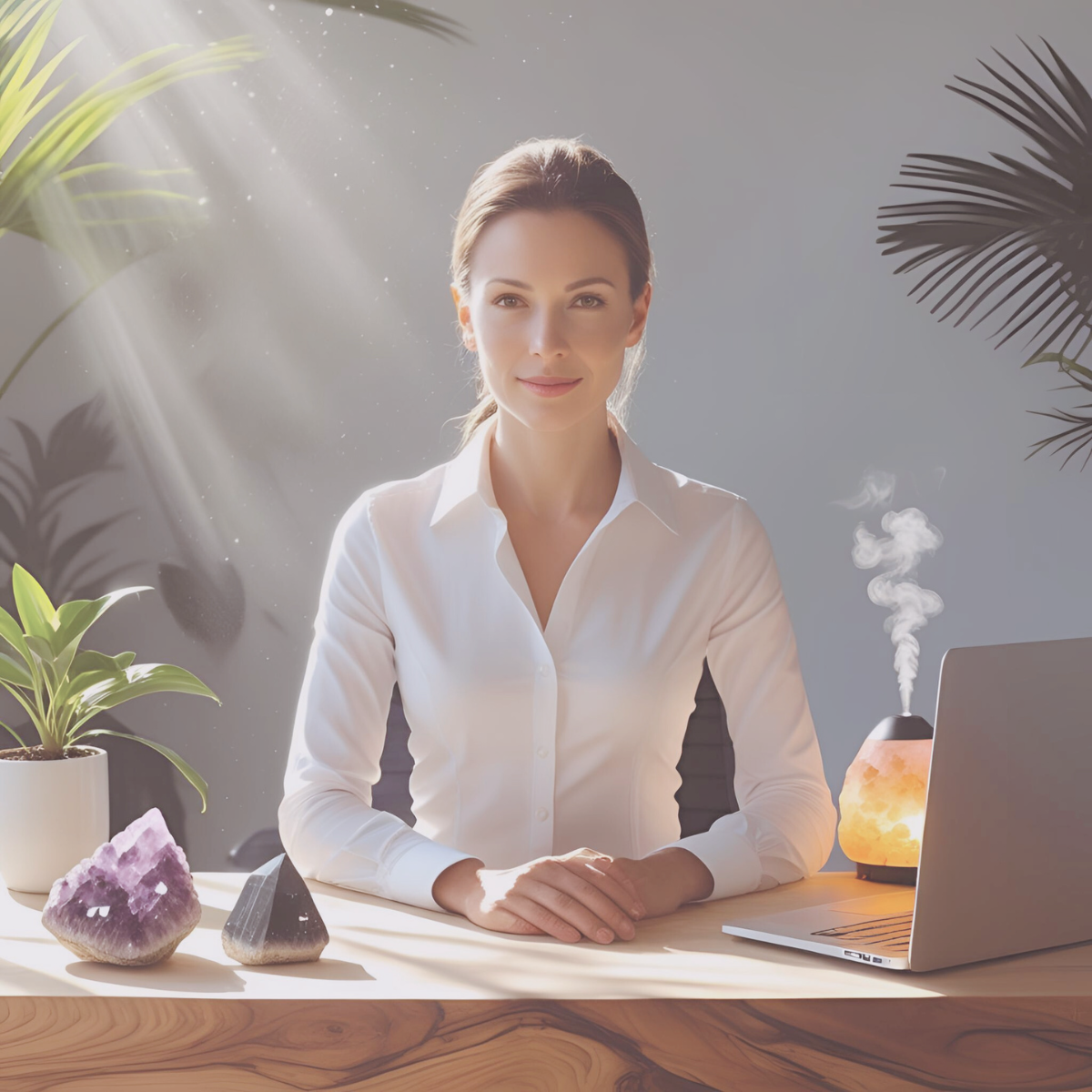 Energy vampire recovery and emotional healing - peaceful workspace with protective crystals
