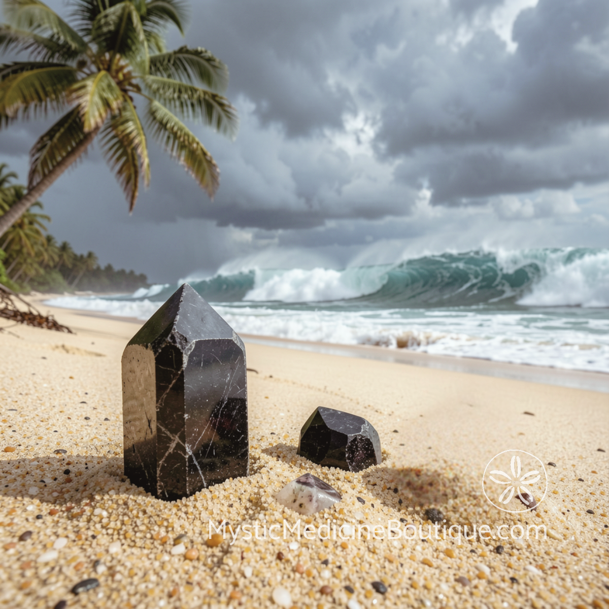 Black obsidian crystal towers on tropical beach sand with stormy waves, crystals for shadow work crisis spiritual emergency