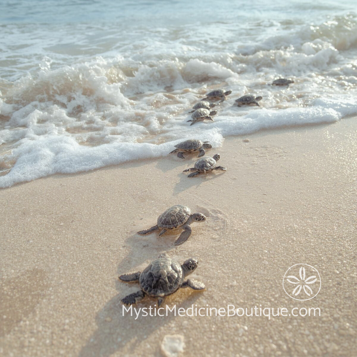 Baby sea turtles making their way to the ocean on a sandy tropical beach, representing teaching children protection skills and guiding them toward safety
