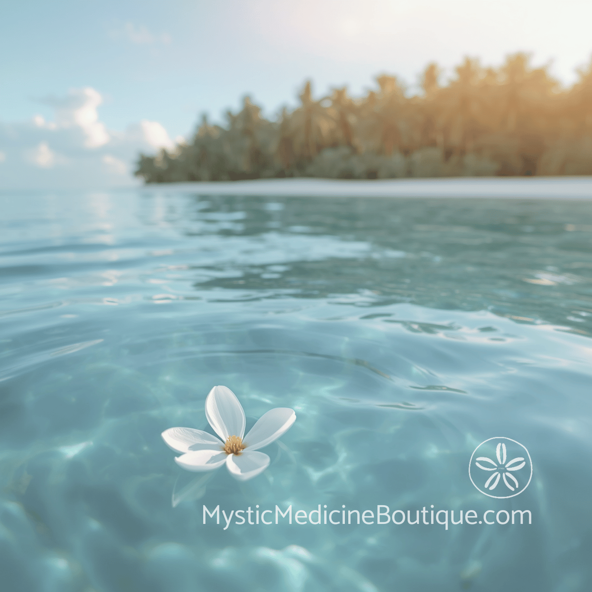 White flower floating on calm turquoise water with a tropical island in the background, representing betrayal trauma healing and the slow return to peace