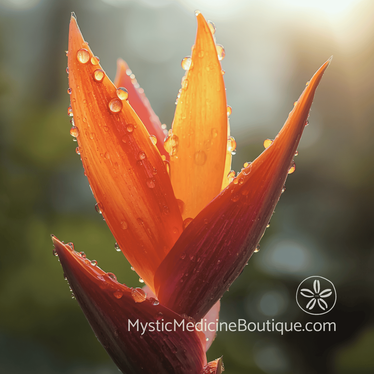 Bird of paradise flower with morning dew drops catching golden sunrise light