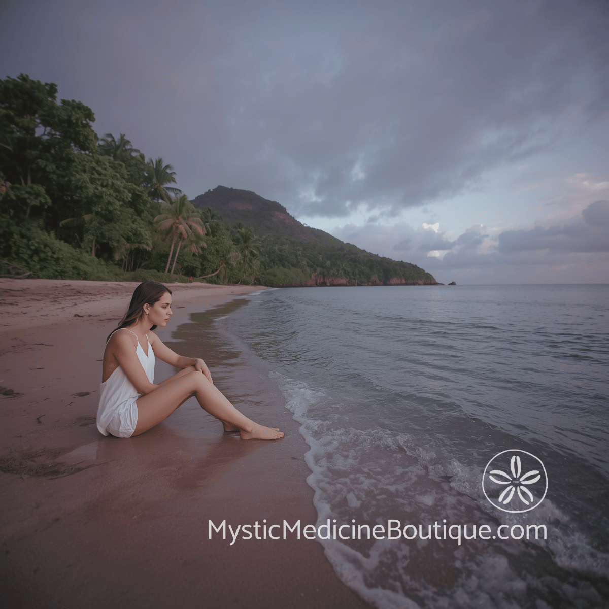 A woman in white sits alone on a tropical beach at dusk, looking down at the water's edge, surrounded by palm trees and an overcast sky — conveying quiet emotional and energetic exhaustion.