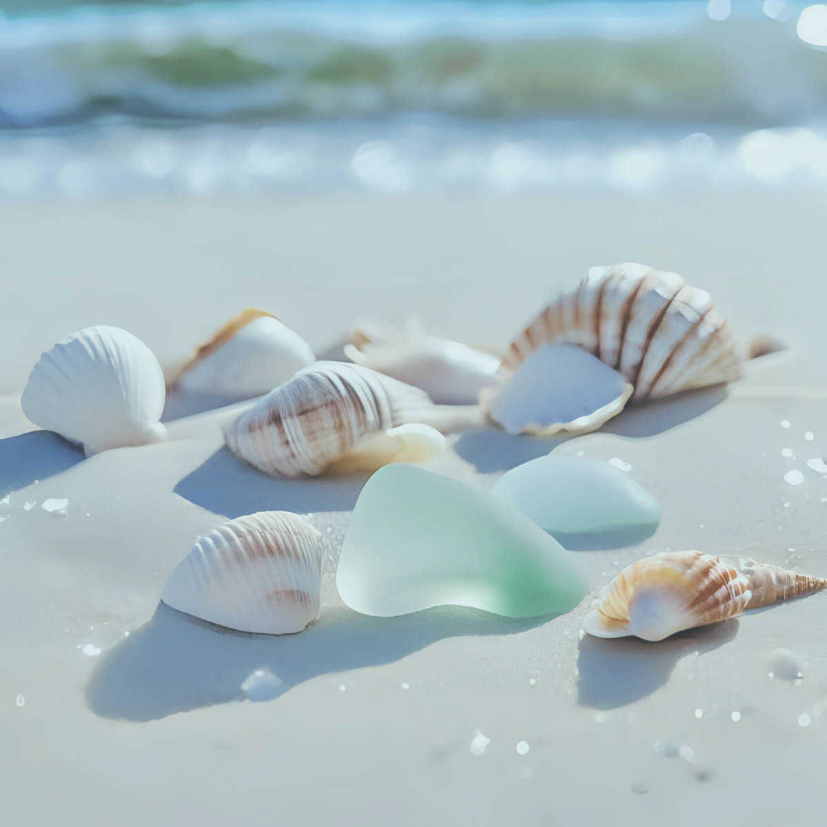Beautiful seashells and sea glass on peaceful tropical beach representing spiritual treasures found during financial crisis emergency - professional spiritual emergency response