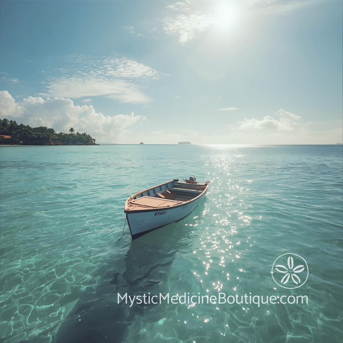 Small empty boat drifting alone in turquoise water representing friendship drift spiritual emergency and ambiguous loss