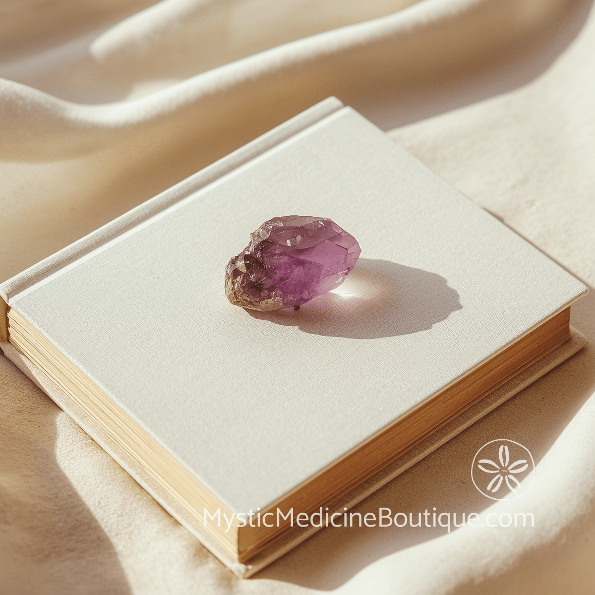 Raw amethyst crystal resting on a closed cream linen book — reference image for spiritual emergency definition article
