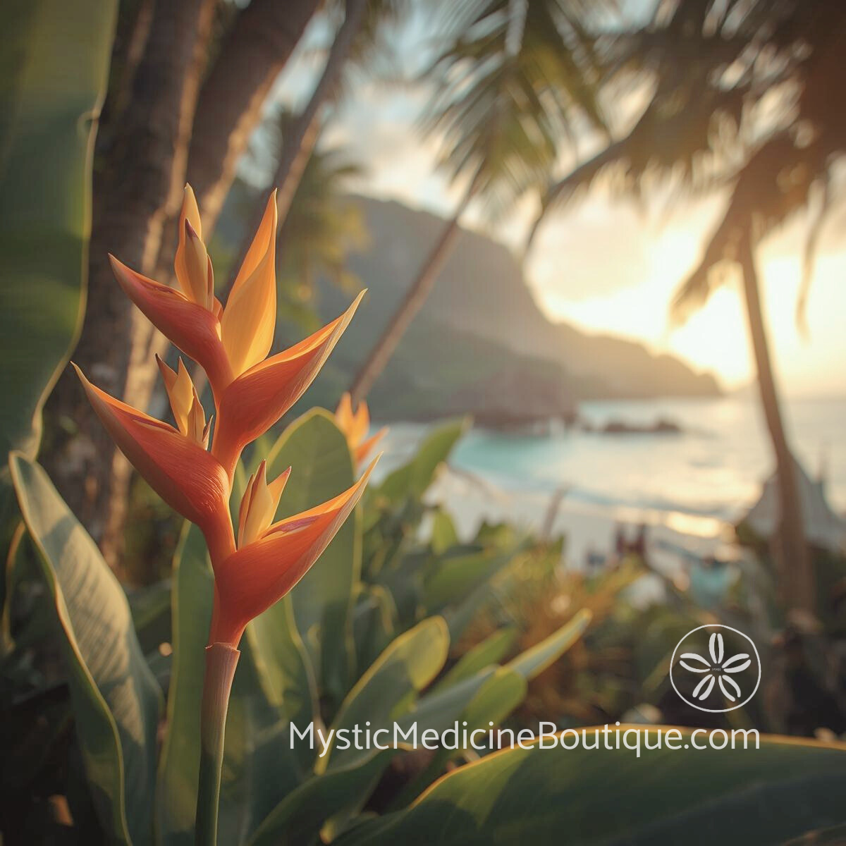 Vibrant orange bird of paradise flower in tropical garden with palm trees and ocean view symbolizing morning protection ritual and fresh daily boundaries