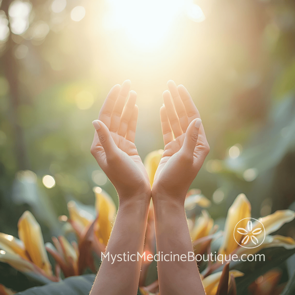 Hands open upward in golden light representing integrated RN Reiki Master support for estrangement spiritual emergency