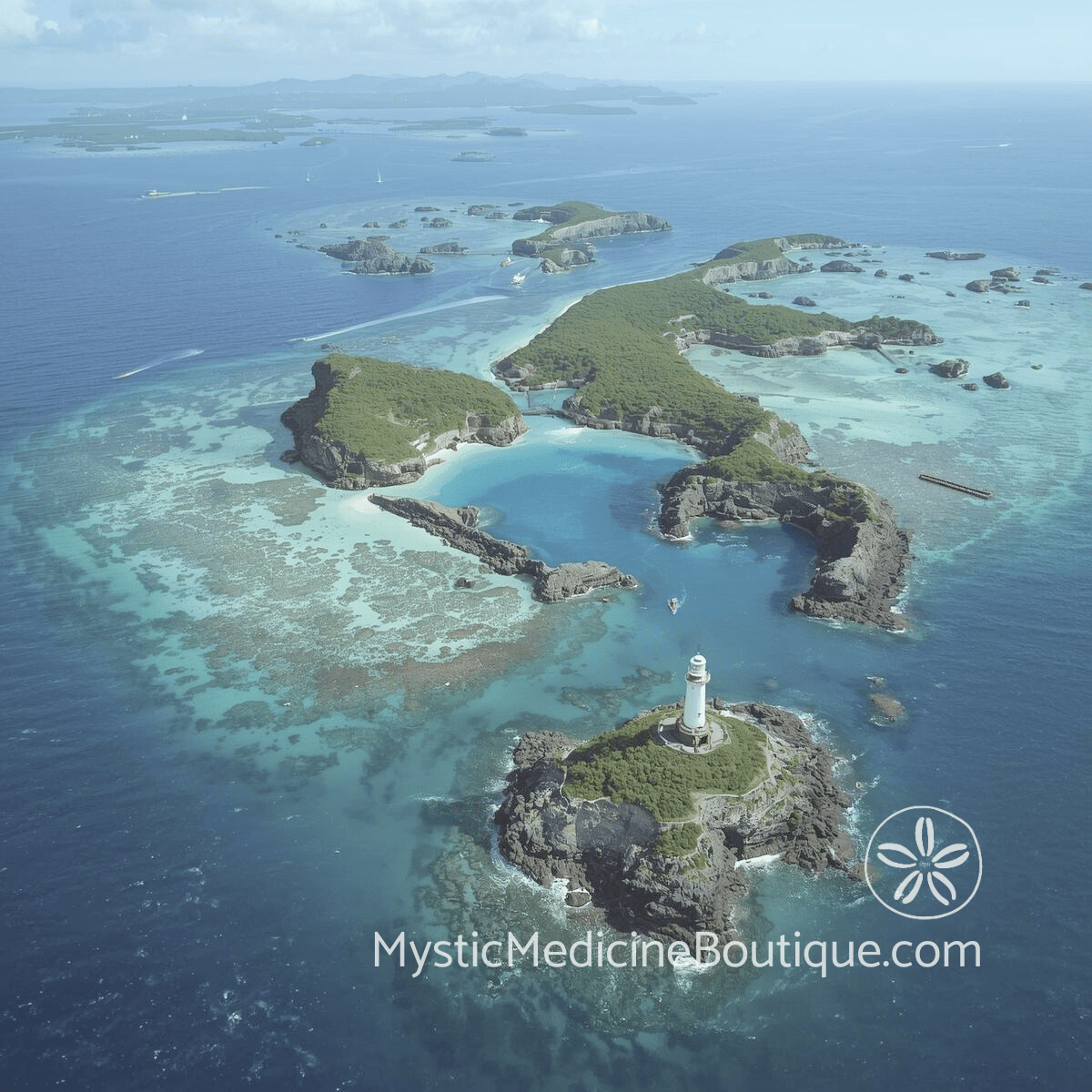 Aerial island with lighthouse representing advanced energy vampire protection and master-level techniques for complex high-stakes draining situations