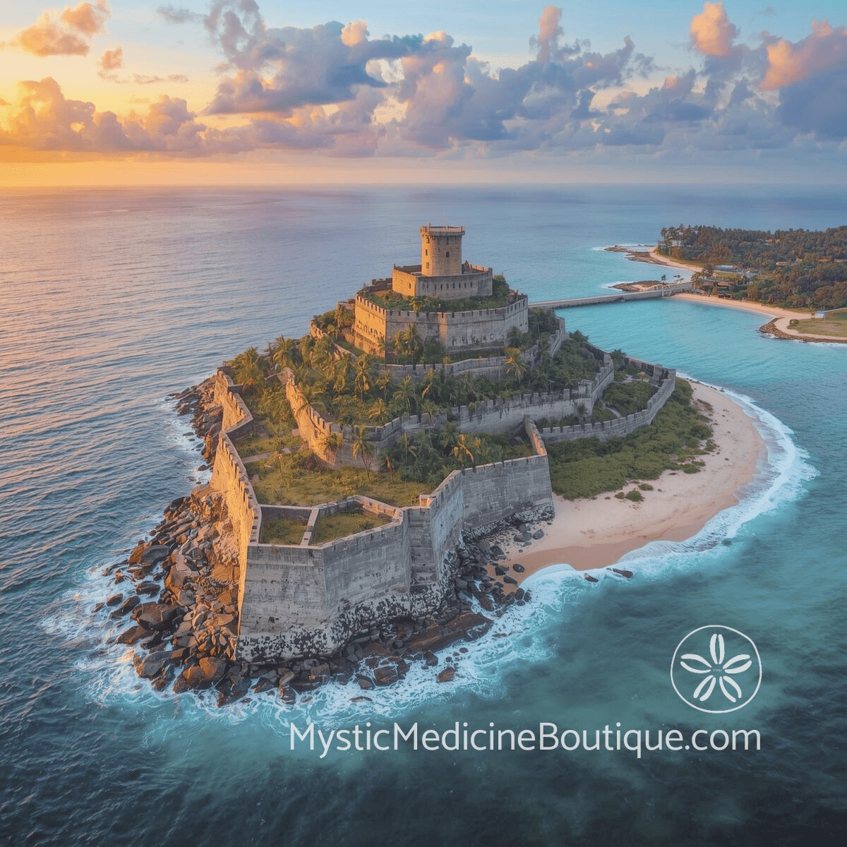 Stone fortress on rocky island surrounded by turquoise ocean at golden hour — advanced psychic protection master-level defense