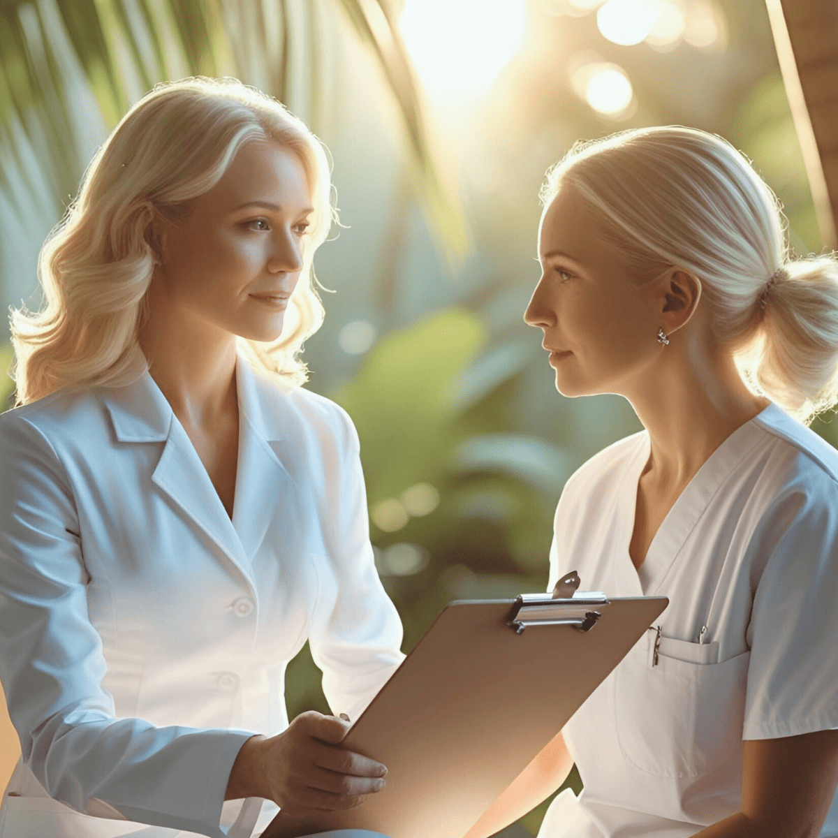 Spiritual crisis vs mental health — two healthcare professionals in tropical garden setting representing integrated RN Reiki Master assessment of spiritual emergency versus psychiatric symptoms