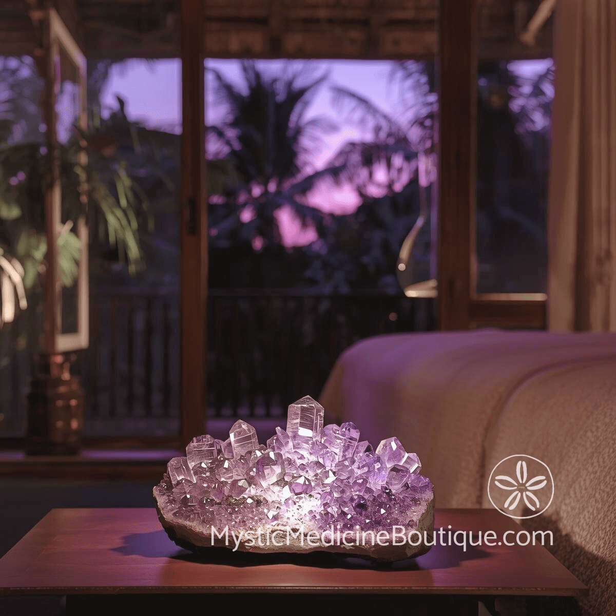 Amethyst crystal cluster glowing purple at dusk beside open window representing spiritual emergency support