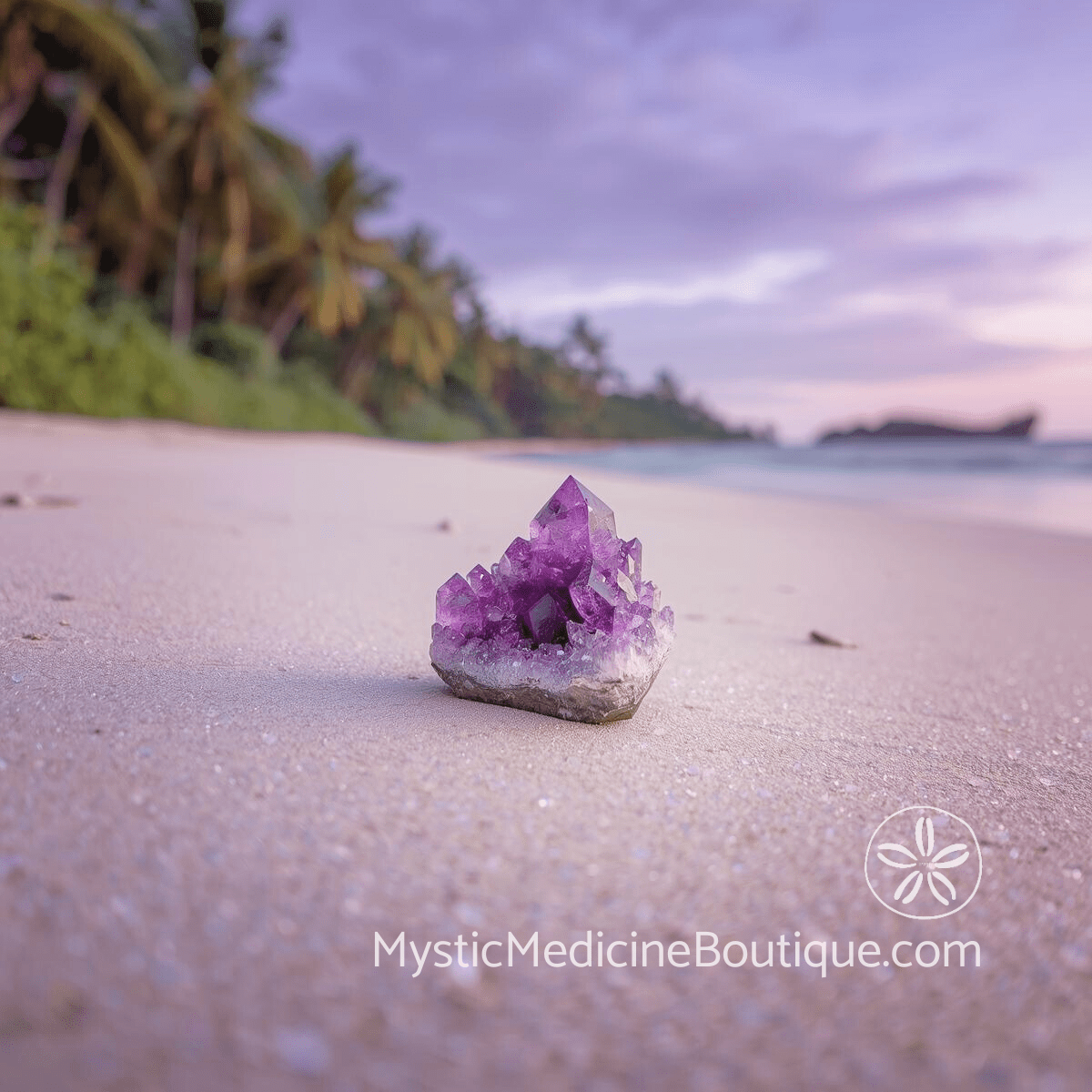 Amethyst crystal cluster on tropical beach sand at sunset representing the calming and sleep-supporting properties of amethyst for peaceful rest