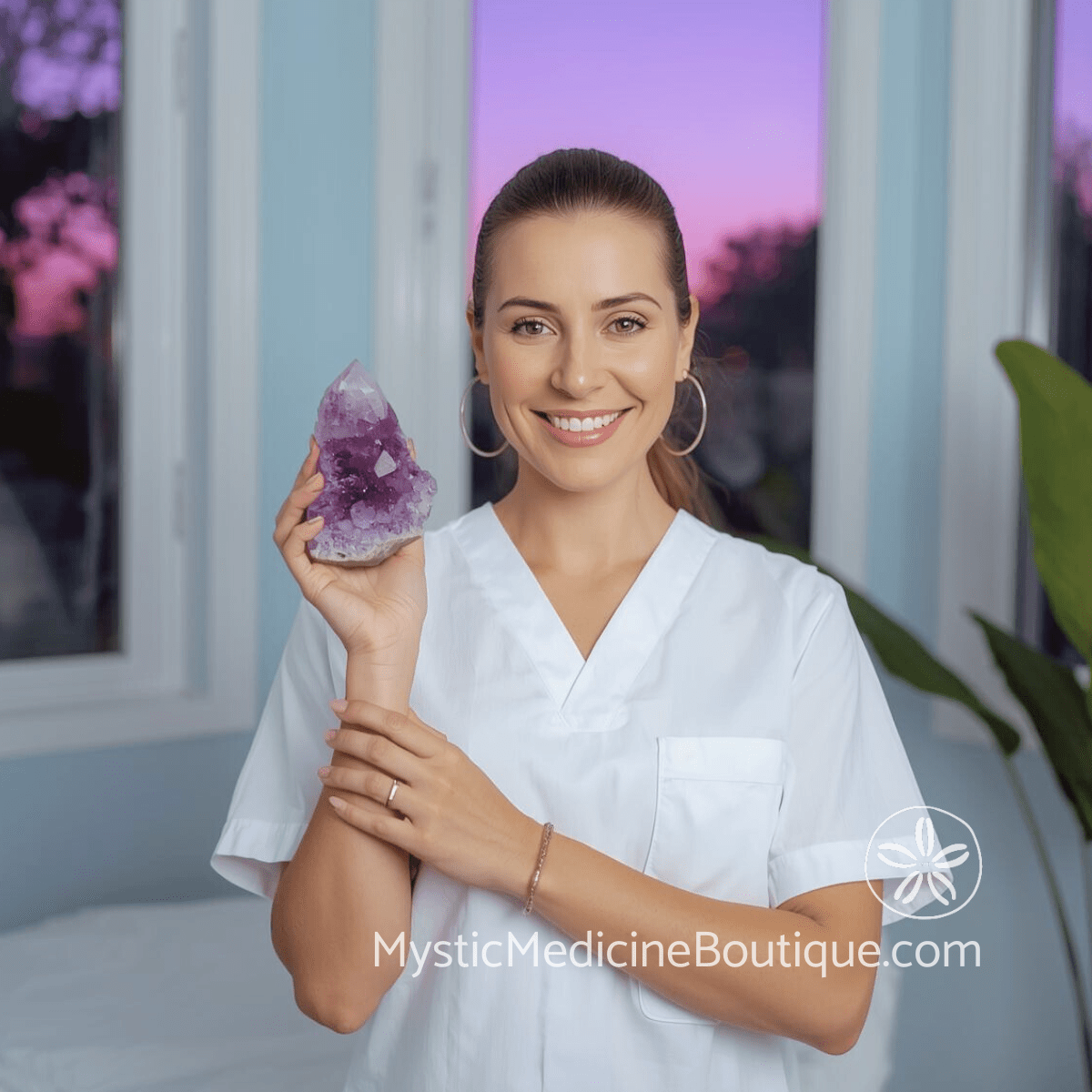 RN and Reiki Master holding large amethyst crystal cluster — integrating nursing experience with energy healing wisdom for sleep support