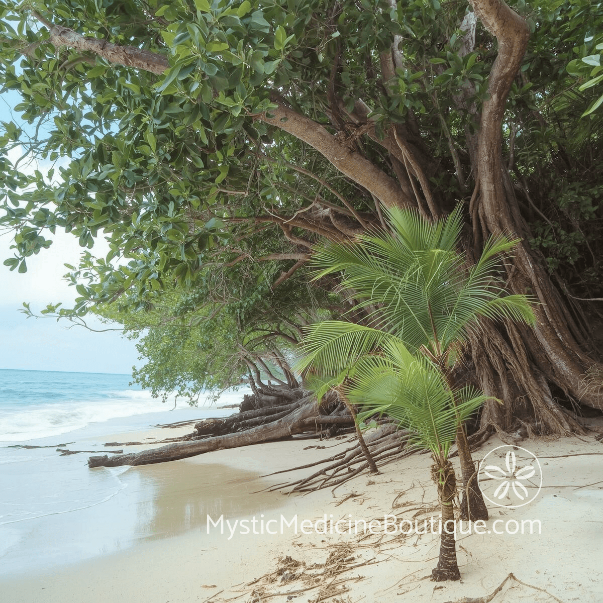 Ancient banyan tree with exposed roots on tropical beach representing the deep generational roots that ancestral energy clearing addresses and releases