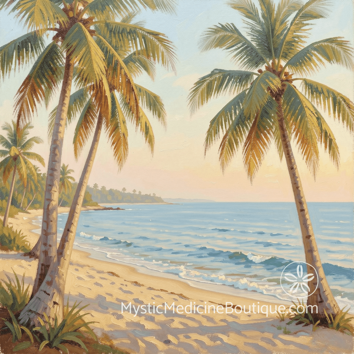 Tropical beach with palm trees at golden hour representing Archangel Gabriel divine communication and intuitive clarity during spiritual emergency