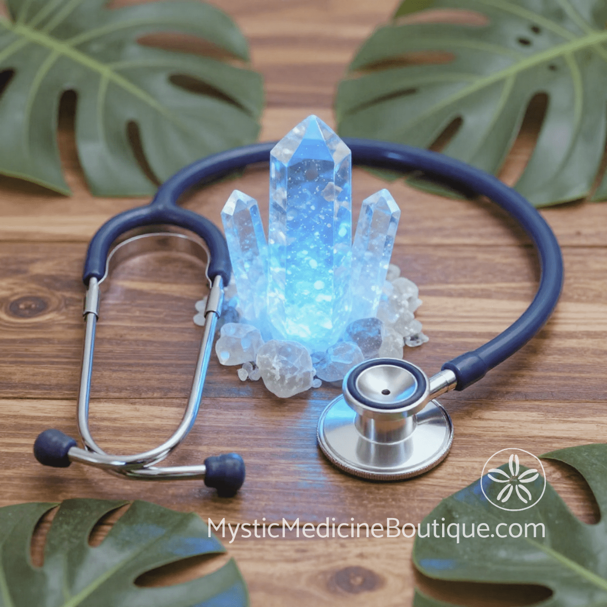 Blue crystal cluster beside medical stethoscope on wood surface with tropical leaves, Archangel Michael protection during crisis RN Reiki Master perspective