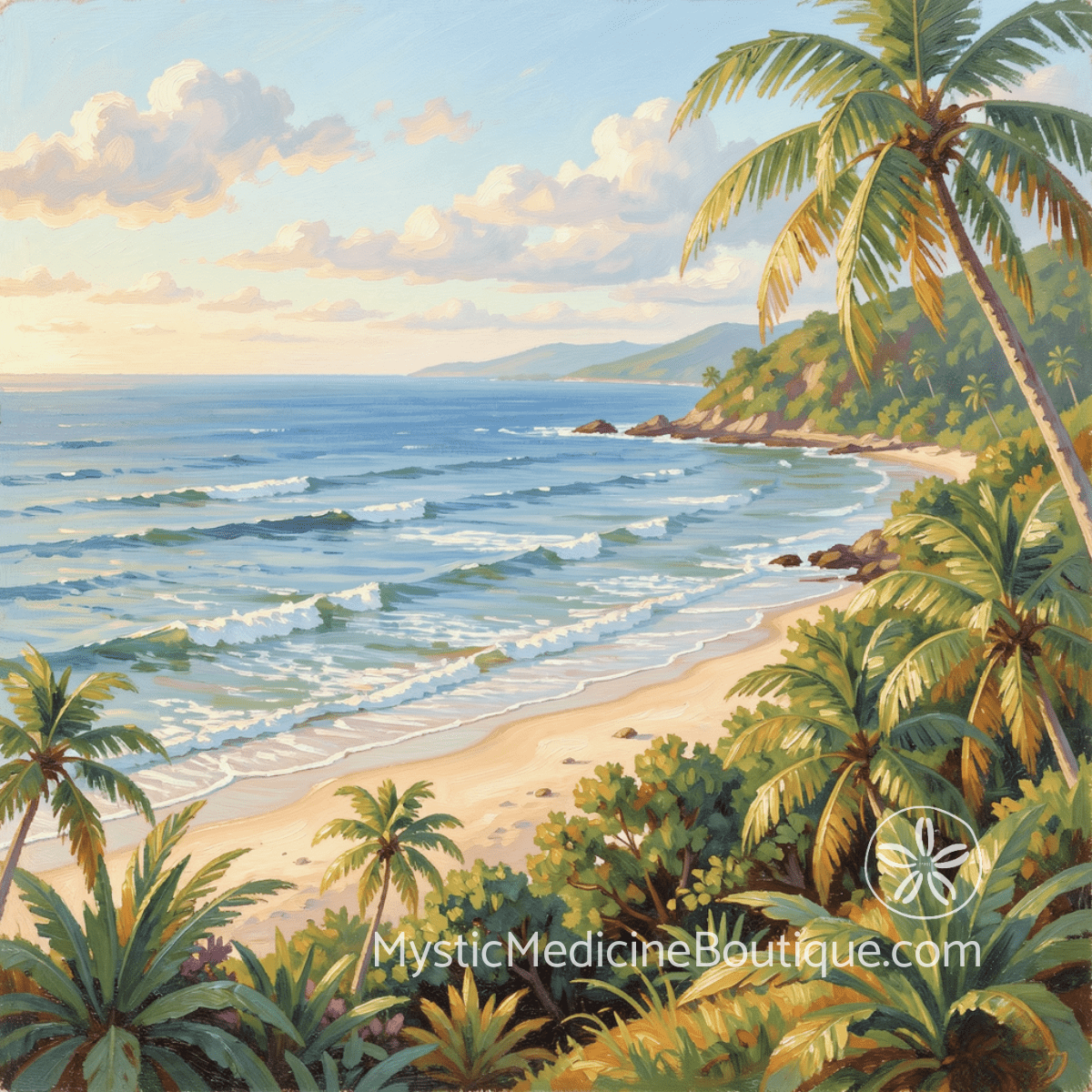 Tropical beach painting representing Archangel Raphael healing energy for spiritual burnout crisis RN Reiki Master perspective