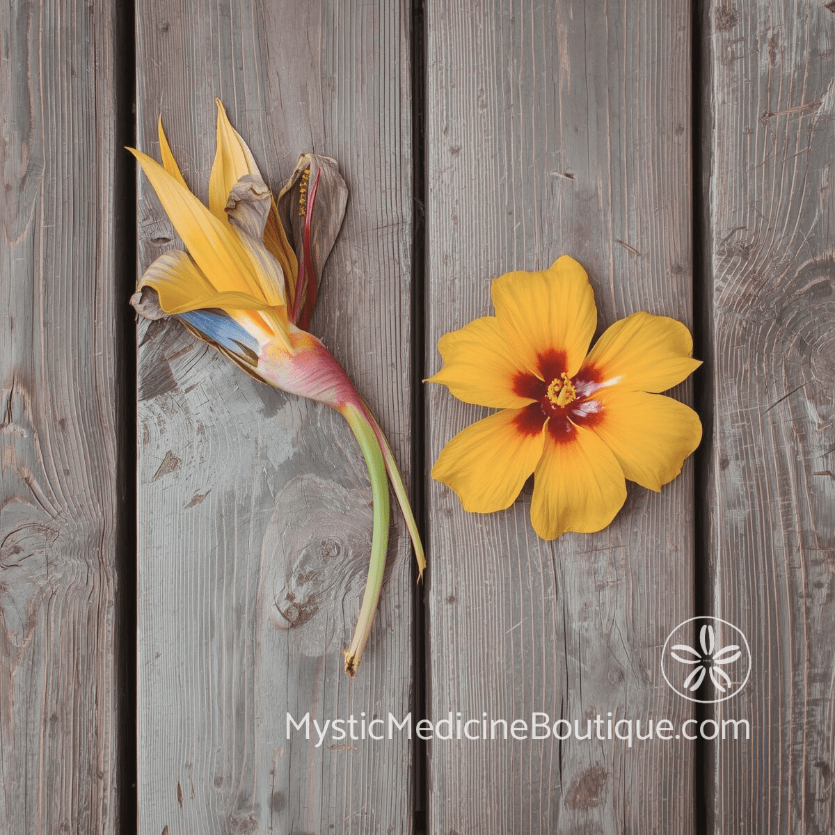 Bird of paradise and yellow flower on wood — are energy vampires real RN Reiki Master explains energetic drainage