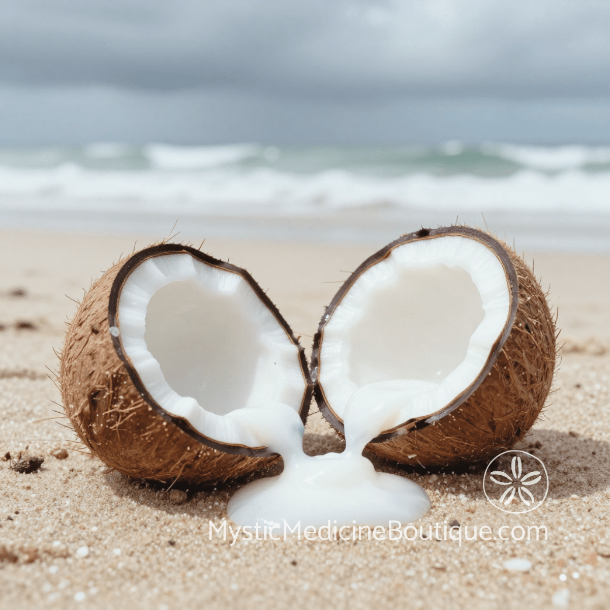 Cracked coconut spilling on stormy beach — bankruptcy plus divorce compound crisis destroying financial and relational foundation simultaneously