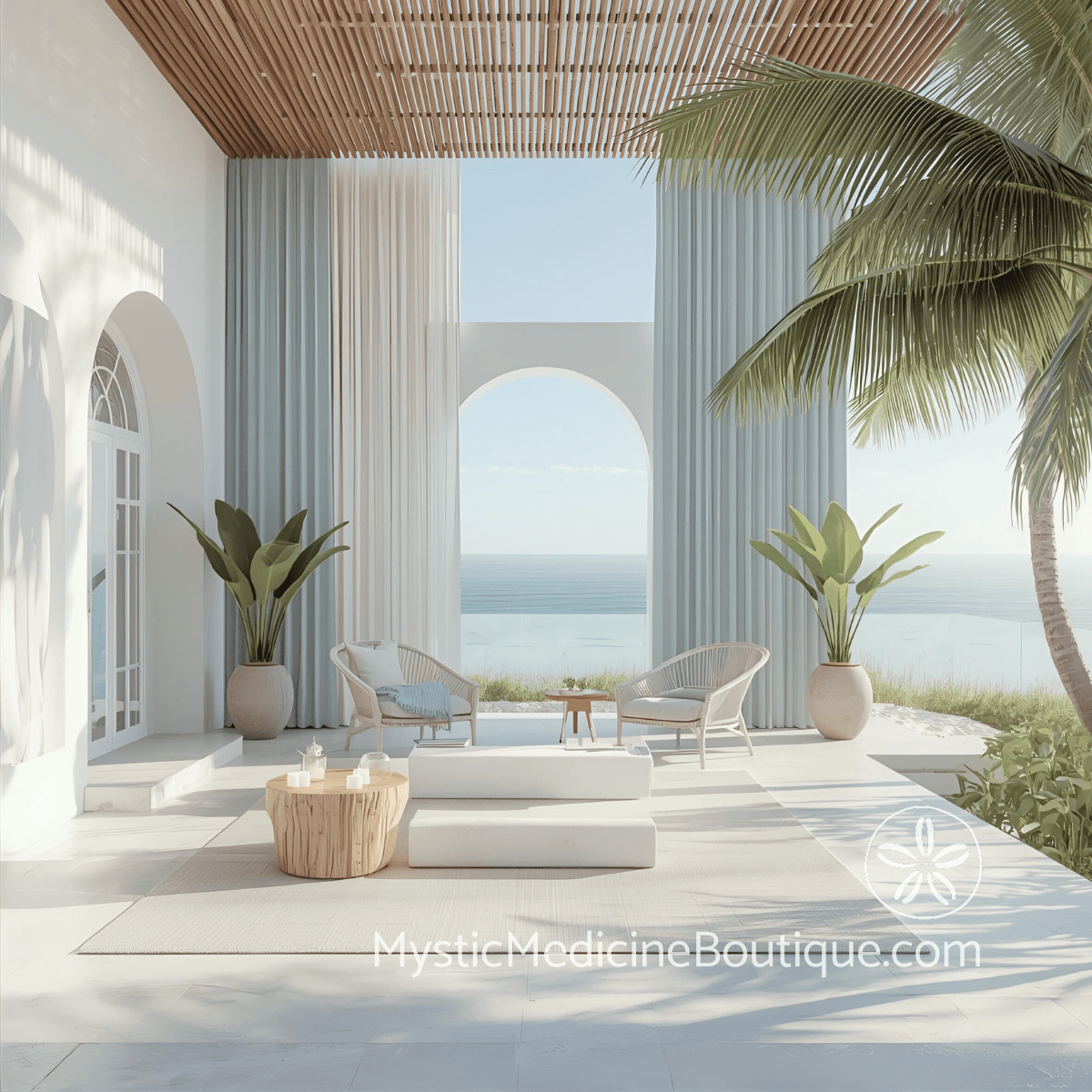 Bright coastal living room with white arches representing the clarity of integrated RN and energy healing support for bankruptcy crisis