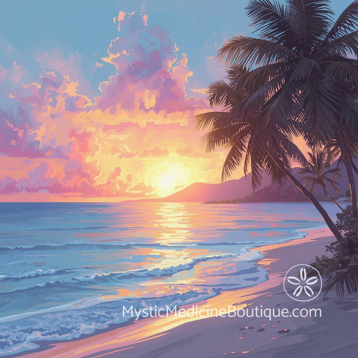 Illustrated tropical sunset with palm trees representing the transformation and renewal of betrayal integration stage