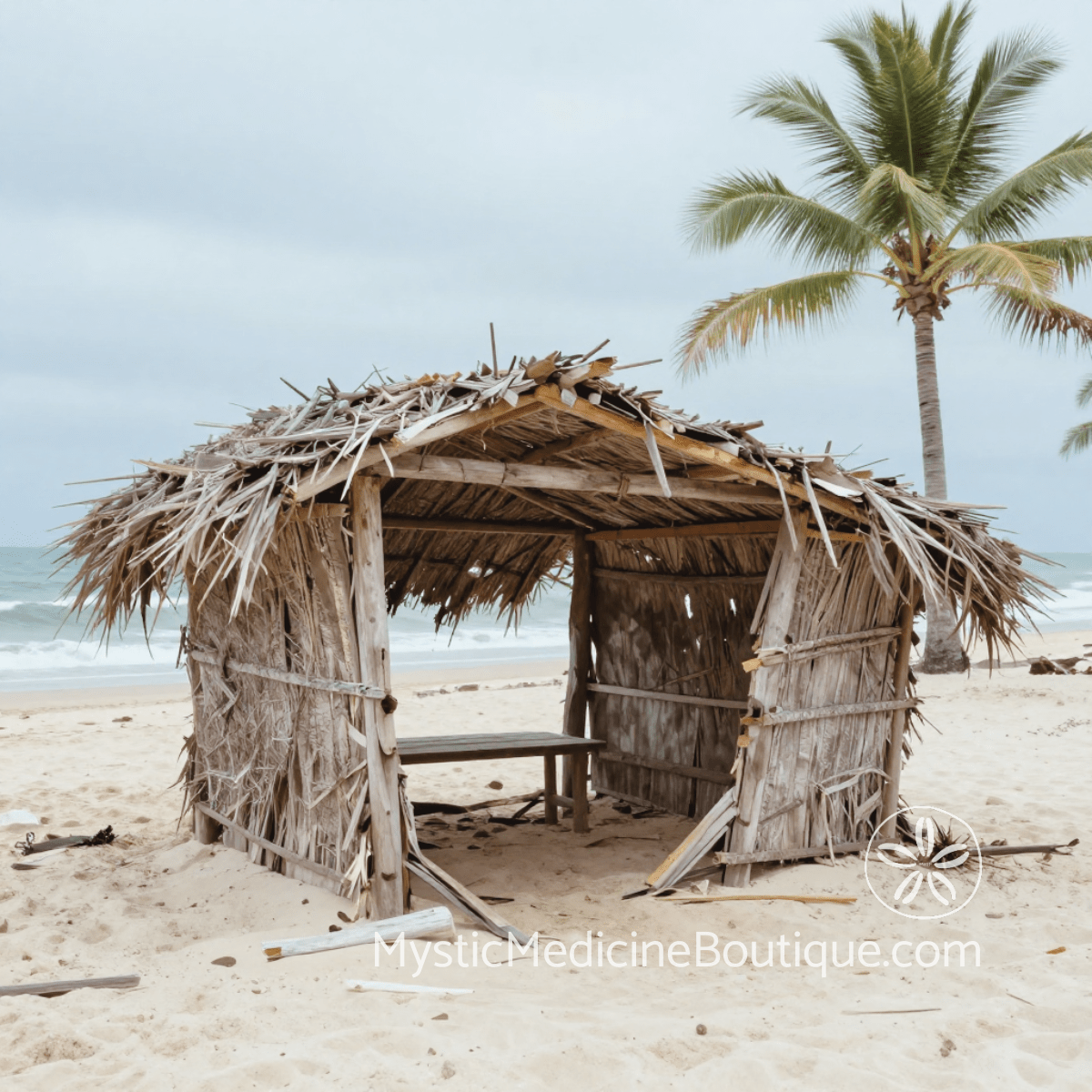 Weathered abandoned beach shelter on tropical shore representing the vulnerability and isolation of betrayal plus illness compound crisis