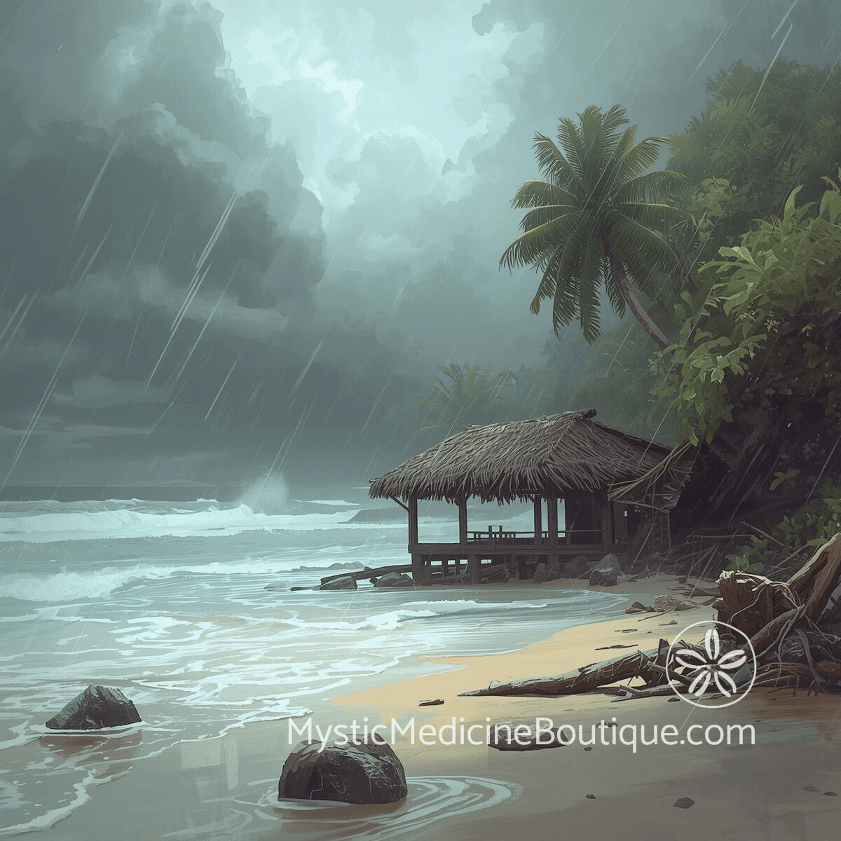 Tropical beach hut in storm representing the compound devastation of betrayal during illness loss or disaster