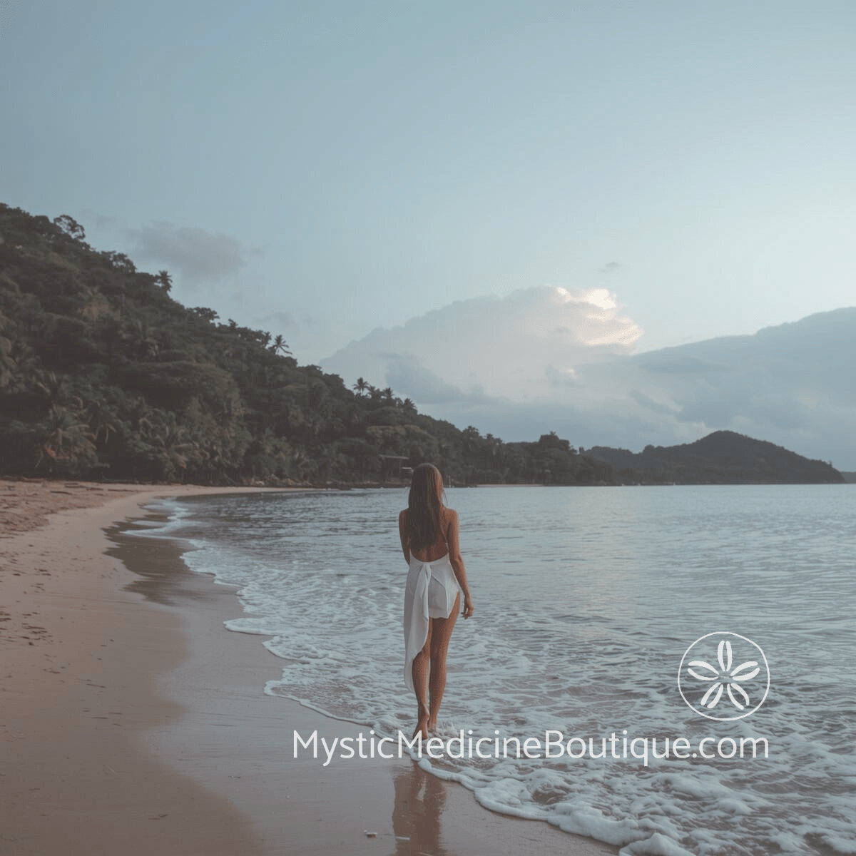 Woman in white dress standing alone at the shoreline of a tropical beach at dusk facing the water.