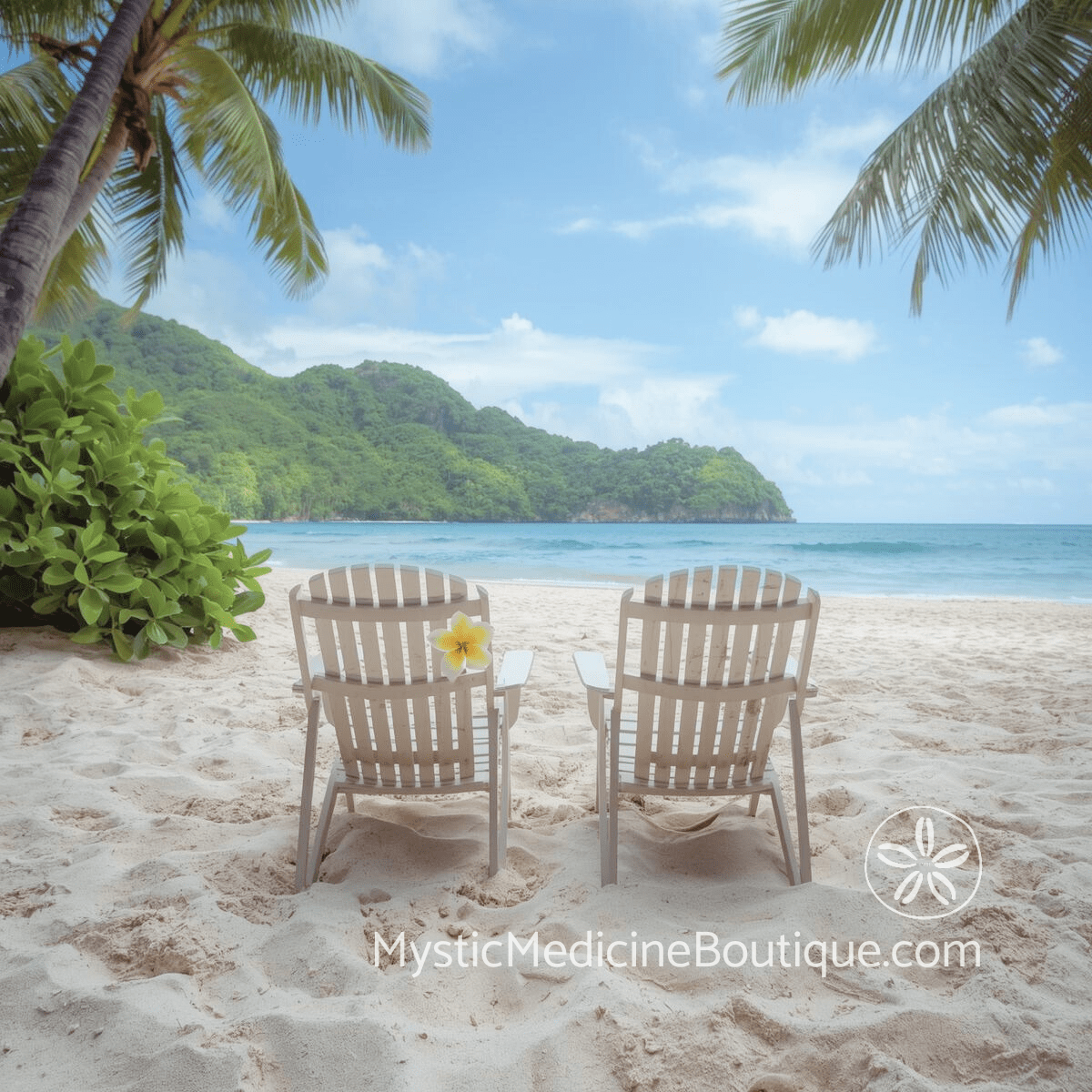 Two wooden beach chairs facing tropical ocean under palm trees with yellow plumeria on one chair.