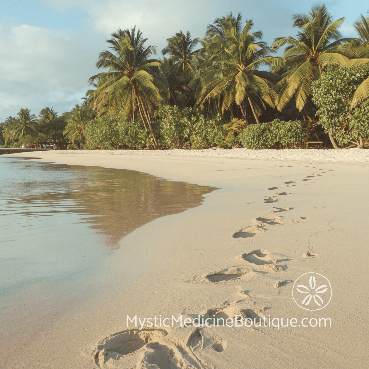 Single set of barefoot footprints in wet sand along a tropical beach lined with palm trees.