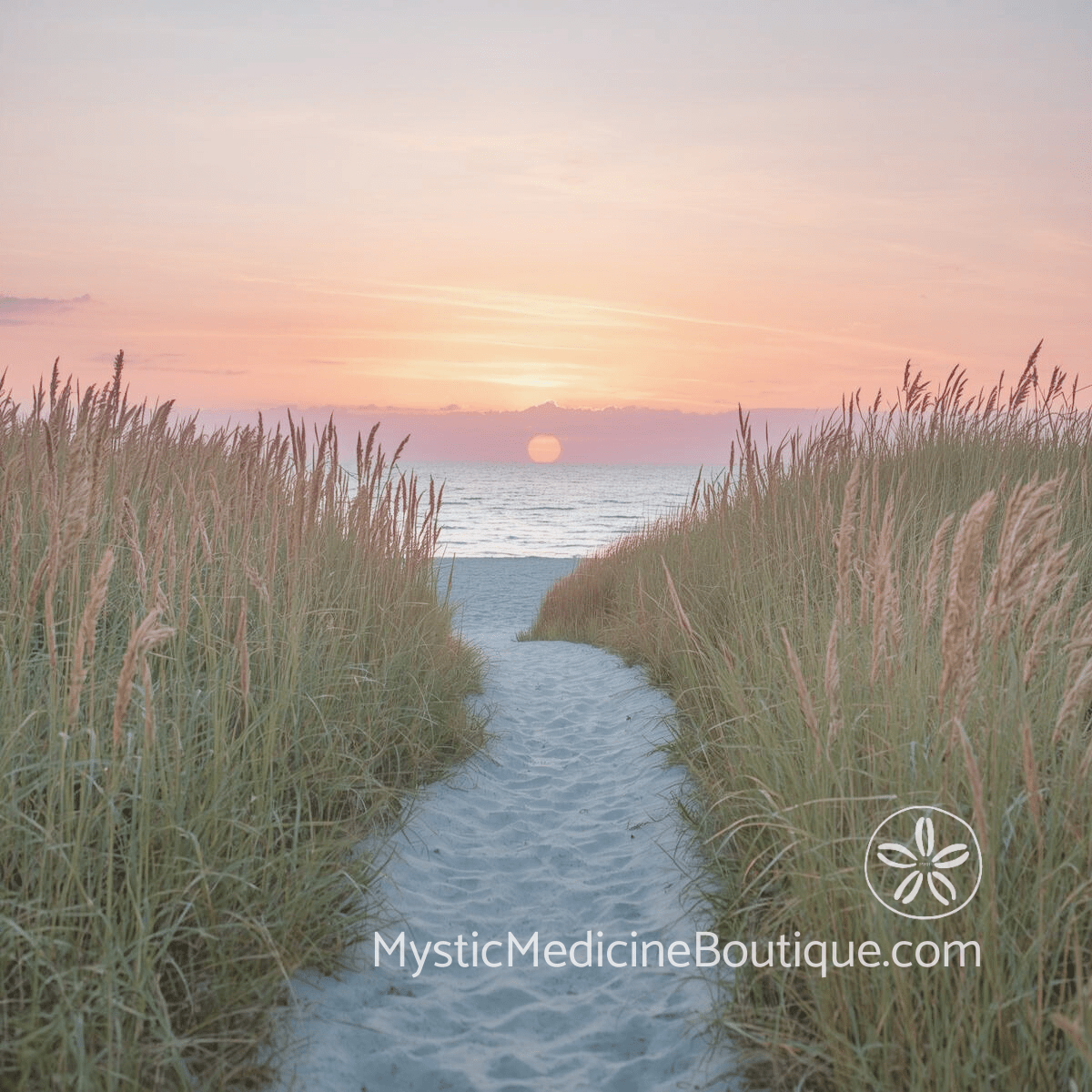 Sandy beach path through sea grass leading toward open ocean at sunset with pink and peach sky.