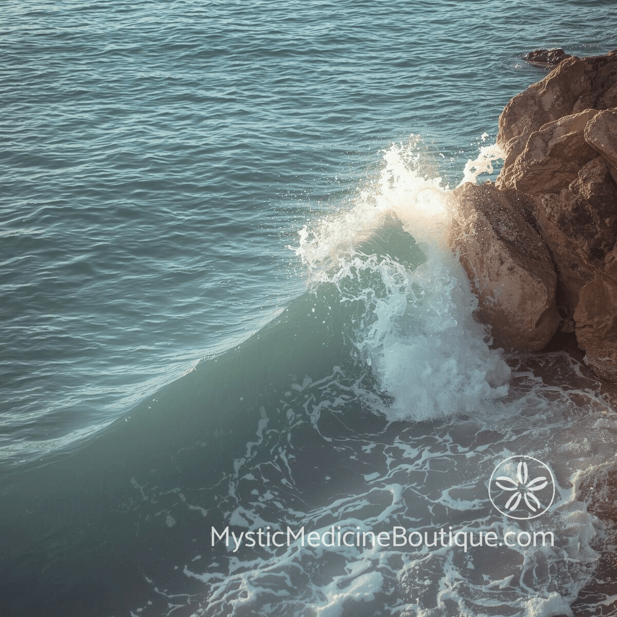Ocean wave crashing against rocky coastal formation in warm golden light with white sea spray.