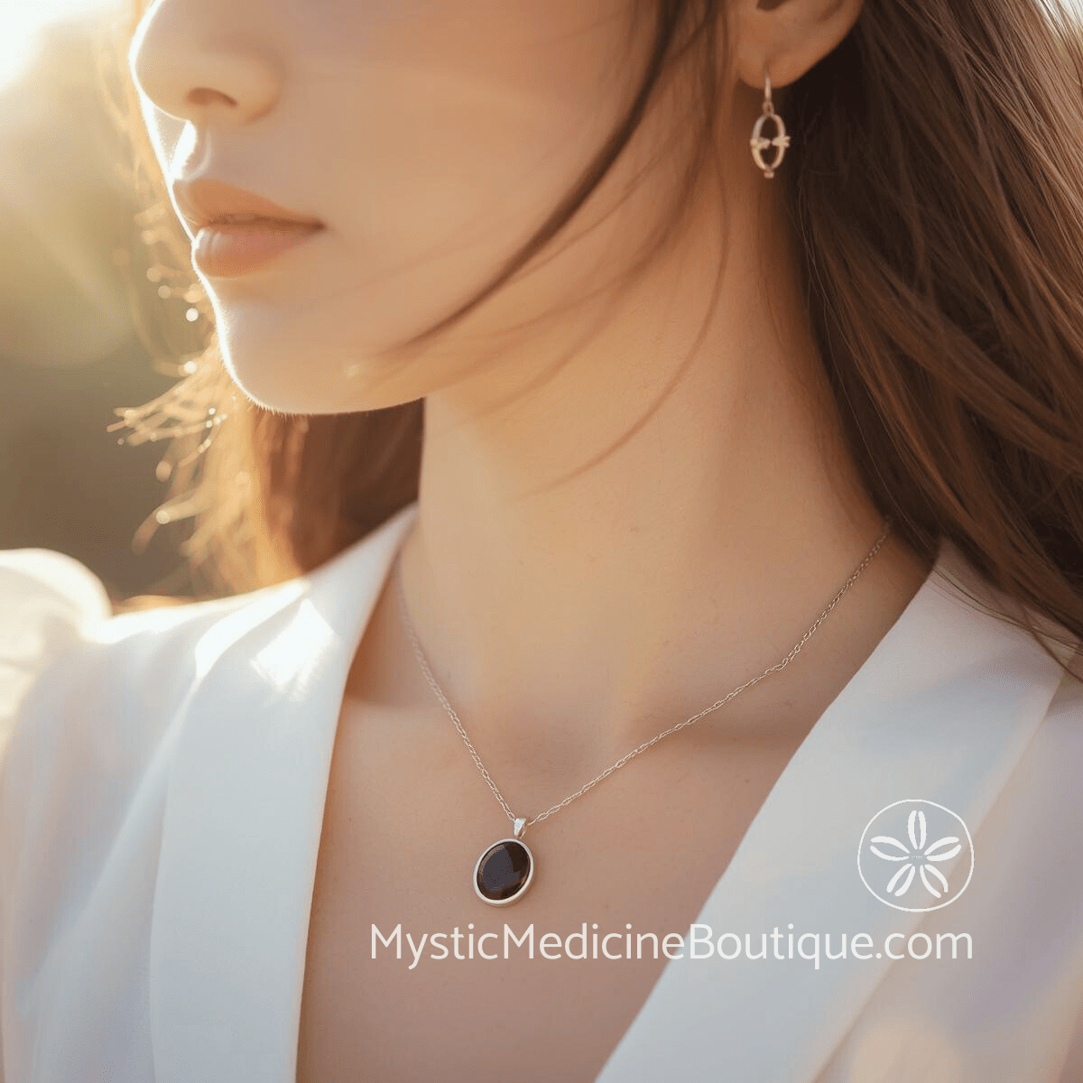 Woman wearing black tourmaline pendant necklace for energy vampire protection and energetic boundary support