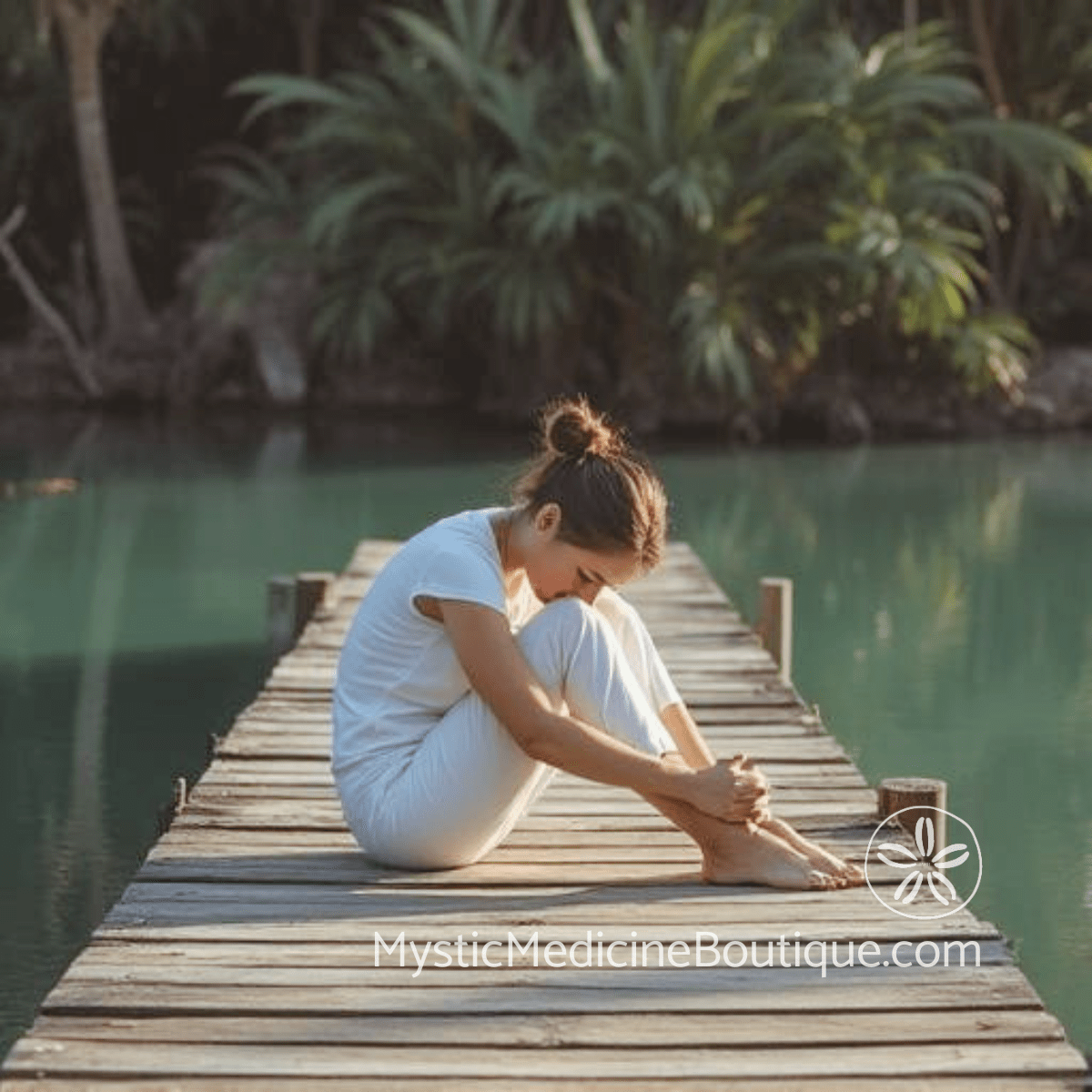 Woman sitting alone on wooden dock over tropical water representing the body and emotional signals that financial ruin produces in the spirit